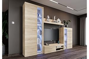 Furnix Wohnwand RIVAY Mediawand Landhausstill Wohnzimmer 4-TLG Komplett-Set LED - TV Lowboard, Highboard Vitrine, Wandregal - Modern Freistehend - B270 x H190 x T40,2 cm, Farbe Sonome Eiche