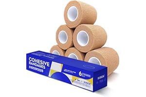 Risen Cohesive Bandage 2" x 5 Yards, 6 Rolls, Self Adherent Wrap Medical Tape, Adhesive Flexible Breathable First Aid Gauze Ideal for Stretch Athletic, Ankle Sprains & Swelling, Sports, Tan