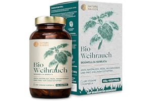 ‎NATURE BASICS Bio-Weihrauchkapseln hochdosiert & zertifiziert nachhaltig im Glas / 180 Kapseln mit je 500mg Bio-Boswellia Serrata/Ayurveda Nahrungsergänzung/reines & laborgeprüftes Bio-Weihrauch Extrakt