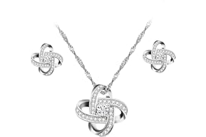 Uloveido Silver Color Criss Cross Earrings and Necklace Jewellery Set for Women Girls Wedding Anniversary Birthday Infinity Knot Jewellery Set with Cubic ZIrconia WHE43