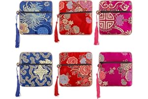 HILEYU 6 Pezzi Sacchetto in broccato di seta Borsa cinese in broccato Sacchetto per ricamo in seta Sacchetti portagioielli piccoli portamonete da donna piccolo con Zip e Nappa per nozze Capodanno 12x12 cm