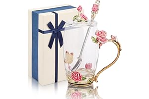 GeeWaa Emaliowane zestawy kubków do herbaty z motywem motyla i pokrywką, szklany kubek do kawy, prezenty na Dzień Matki, ślub, urodziny, ukończenie szkoły, walentynki, Boże Narodzenie, dla kobiet,