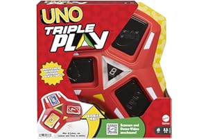 MATTEL GAMES UNO Potrójna rozgrywka Gra karciana z urządzeniem do kart ze światełkami i dźwiękami oraz 112 kartami, wieczór gier dla dzieci, nastolatków i dorosłych, gracze od 7 roku życia, HCC21