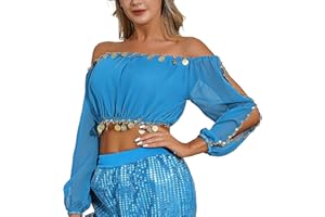 MUNAFIE Haut de danse du ventre, manches 3/4 fendues, haut à paillettes, costume de danse du ventre pour femme