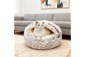 SHJOEE Cama de Felpa Calmante para Gatos y Perros Cómodo y Suave de Concha Mascotas Cojín Sofá de Gato Antideslizante Cesta Lavable de Perro Cama para Mascotas Medianos Pequeños (Café, 50cmØ)