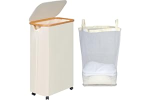 efluky Cesto Biancheria Sporca con Ruote 75l, Portabiancheria con Coperchio, Biancheria Sporca con Ruote e Manico di Bambù e Borsa Interna Rimovibile con Lavabile per Lavanderia