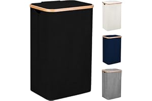 SG Traders 100L Laundry Hamper with Lid - Large Hampers for Laundry with Handles - Laundry Baskets with Lid for Bedrooms - Bamboo Bathroom Tall Laundry Bin (Black)