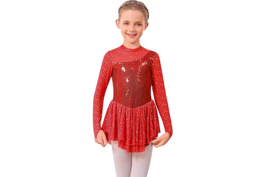 FYMNSI Figure Skating Dress for Girls Sparkly Rhinestone Long Sleeve Mesh Tulle Skirted Leotard Gymnastics Ballet Dancewear