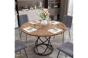 GOLDFAN Round Dining Table 120cm Wooden Kitchen Table for 6-8 People, Rustic Dining Table with Black Metal Legs for Dining Room, Kitchen
