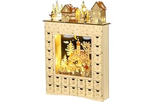 HOMCOM Calendrier de l'Avent LED en forme de village enneigé avec 24 tiroirs décoration lumineuse de Noël - beige