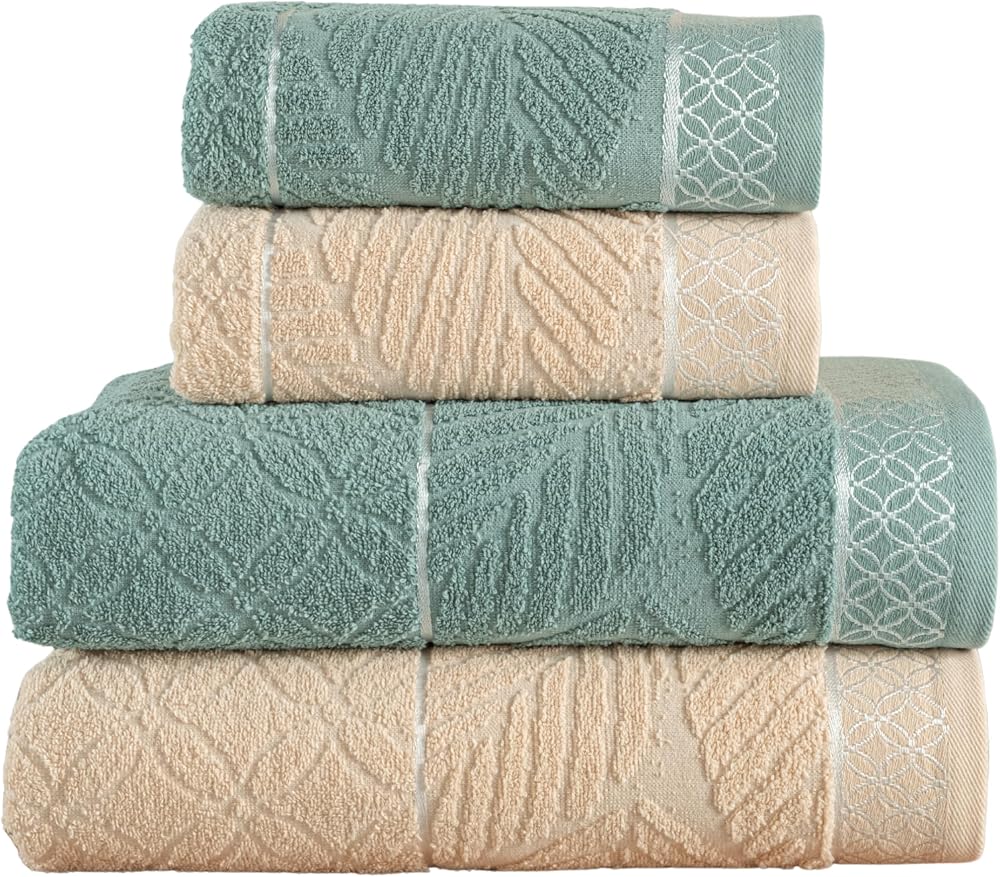 Mürdüm Home Leaf Çift Renk Jakarlı Banyo Havlu Takımı, 4'lü Paket 2 Parça (70x140),2 Parça (50x90) Yumuşak ve Emici, Kaliteli Günlük Kullanıma Uygun%100 Pamuk Havlu (Yeşil-Krem)