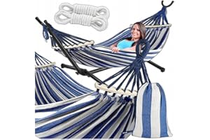 KRUMAD Hamak ze stelażem, 260 cm, 2-osobowy, wodoodporny, meble ogrodowe, meble balkonowe, akcesoria kempingowe, fotel bujany, na zewnątrz, meble tarasowe, z torbą do przechowywania (Niebiesko-biały)