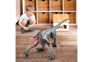 RLS Remote Control Dinosaur Toys - (Rechargeable) 2.4Ghz RC Walking Robot Velociraptor with LED Eye, Roaring Sound, Shaking Head & Tail, Jurassic Dino Electronic Toy