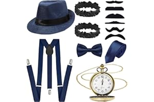GLIROP 13Pcs 1920s Gatsby Costume Set for Men, Gentleman Roaring 20s Accessories Kit with Hat Suspenders Pocket Watch Bow Tie Beards Cuffs Tie for Adult Halloween Theme Parties Fancy Dress