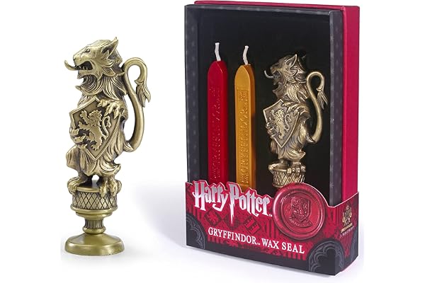 The Noble Collection Harry Potter Gryffindor Wax Seal - 6.5in (16.5cm) Die Cast Metal Stamp and Coloured Red and Gold Wax Set - Officially Licensed Film Set Movie Props Gifts Stationery