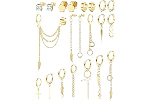 LOLIAS 21 Pièces Boucles D'oreilles Créoles Pour Hommes Femmes En Acier Inoxydable Croix Plume Boucles D'oreilles Stud Cool Chaîne Kpop Boucles D'oreilles Or Argent Noir