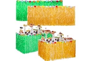 IRENARE 4 Pieces Hawaiian Table Skirt 9 Feet Long Grass Skirt Table Fringe Table Grass Beach Party Decorations Luau Party Supplies Grass Hawaii Decor for Tropical Themed Birthday Party Straw Color Army Green
