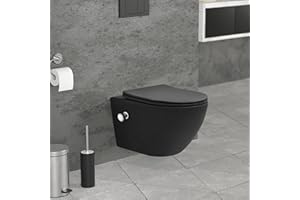 LuxeBath WC Sospeso Senza Bordo in Ceramica Nero Lungo 54 cm con Funzione Bidet Sedile Soft-Close in Duroplast Chiusura Ammortizzata Sciacquone Tornado Vaso Toilette Moderno con Materiale Montaggio