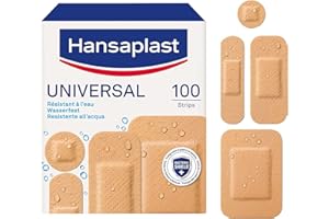 Hansaplast Universal 100 Pansements, Pansements résistant à l’eau et à la poussière, Pansements stériles prédécoupés pour toute la famille