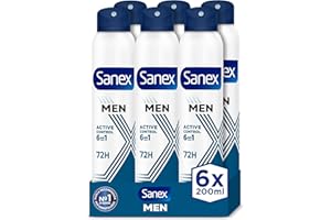Sanex Men Active Control Desodorante Spray para Hombre, Pack 6 uds x 200 ml, Protección 48H, Antitranspirante, Anti Irritación, 0% Alcohol, Combate el Mal Olor, Larga Duración