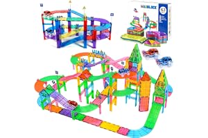 JUQG 63 st magnetisk spårlöpning byggklossleksak, magnetiska byggklossleksaker, magnetblock leksak med LED-racing för barn, lämplig för 3+ barn