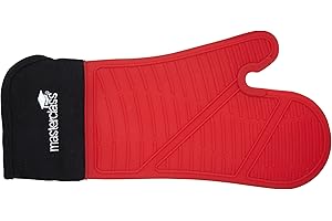 Kitchen Craft MasterClass rękawice kuchenne, odporne na wysoką i wodę, bezszwowe, antypoślizgowe rękawice do pieczenia i gotowania, można prać w pralce, silikon/bawełna – czarny/czerwony