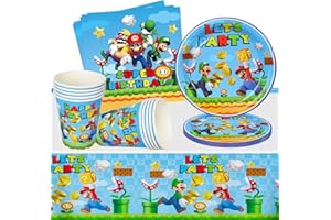 JUNMALLKO Super Mario Partygeschirr Set, 41 Stück Super Mario Geburtstag Geschirr, Party Deko mit Teller, Becher, Tischdecke, Servietten, Kindergeburtstag Party Supplies für Junge Mädchen