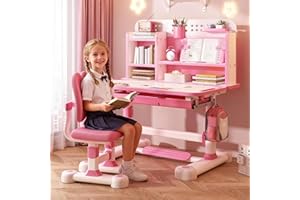 CUKOEKIM Children Adjustable Desk and Chair Set, Children's Study Table Chairs Set with Dividers ＆ Drawers, Home School Study Desk with Ergonomic Chair, Kids Table and Chairs for Writing Reading (Pink)