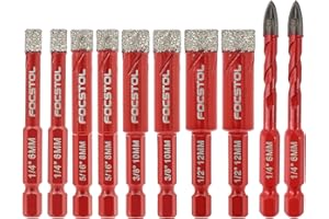 FOCSTOL Foret Diamant Sec - 10 pièces Scie Cloche Diamantée & Foret au Carbure avec Changement Rapide Tige Hexagonale pour Carrelage Porcelaine Marbre Granit (6mm*2+8mm*2+10mm*2+12mm*2+6mm*2)