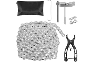 LZZ Chaîne de vélo, chaîne de vélo 9/18/27 vitesses 1/2 x 11/128 pouces, 116 maillons, chaîne de vélo en acier inoxydable kit d'outils avec brise-chaîne, pince à chaîne de vélo et 1 paire d'antivols à