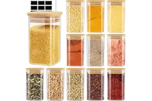 Cinnani Barattoli Spezie Vetro Quadrati, 12pcs x 250ml Barattolini porta Spezie Vetro con Coperchi in Bambù, Barattoli Spezie per Cucina Ermetici, Trasparente Vasetti Spezie con Etichette