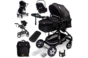 GAGA DUMI GaGaDumi Florida 3 in 1 Passeggino Trio, Carrozzina, Seggiolino Auto, e Passeggino Pieghevole, Navicella con Accessori Inclusi, 0-36 mesi, nero/nero