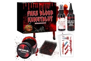AN-WATTY 150ml Sangue Finto Halloween + 5 Fogli Tatuaggi Halloween, Fake Blood e Tatuaggi Temporanei per Trucchi Halloween, Trucco Halloween per Trucco Joker, Vampiroe Zombie, Trucchi halloween Bambini Adulti
