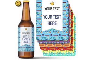 6 Étiquettes pour bouteilles de bière avec texte personnalisé. paquet de 6 autocollants colorés avec un visage souriant et une capsules personnalisée. Autocollants résistants à l'eau.