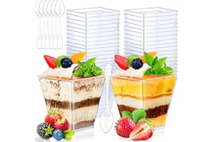 DICLLY Juego de 50 Tazas de Postre con 50 Cucharas (60ml) - Vasos Cuadrados Reutilizables de Plástico - Ideal para Mousse,Pudín,Helado - Perfecto para Fiestas,Picnics y Eventos Familiares