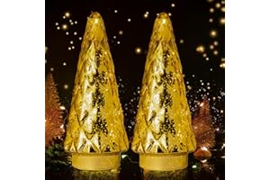 MJ PREMIER Glas Weihnachtsbaum, 2er Set Mini Weihnachtsbaum mit LED Batteriebetrieben Tischleuchte& Timer, Glas Künstlicher Tannenbaum, Weihnachtsdeko Weihnachts Desktop Dekoration (Gold)