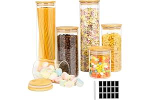 Cinnani 6 Barattoli di Cucina in Vetro con Coperchio in Bambù,Contenitori Vetro di Borosilicato,Vasetti Cucina per Alimenti,Barattoli di vetro per conservazione,Contenitore per Spaghetti, Cereali