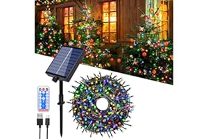 Hopelit Solarny łańcuch świetlny do użytku na zewnątrz, 20 m, 200 diod LED, kolorowy, z pilotem zdalnego sterowania i timerem, 8 trybów, łańcuch świetlny do ogrodu, na taras, Halloween i Boże