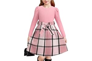 Arshiner Girls Puff Long Sleeve Dresses Rib Knit Checked Patchwork Belted Children Princess Party Dress Kids Autumn Winter Dresses with Pockets 4-14 Years