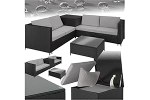 TecTake® Conjunto Jardín de Ratán Combinable con Cojines de Grosor 8 cm, Conjunto Terraza en Acero y Resistente a la Intemperie, Muebles Jardín Exterior 2 Sofás, 1 Mesa, 1 Caja Almacenaje - Negro/Gris