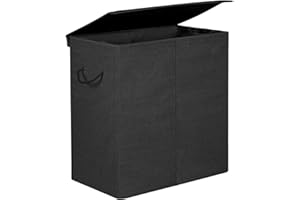 SONGMICS kosz na pranie 142 l, imitacja lnu, skrzynia do sortowania prania z oddzielnymi przegródkami, magnetyczna pokrywa i uchwyty, składany, wyjmowany worek na pranie, czarny LCB02BK