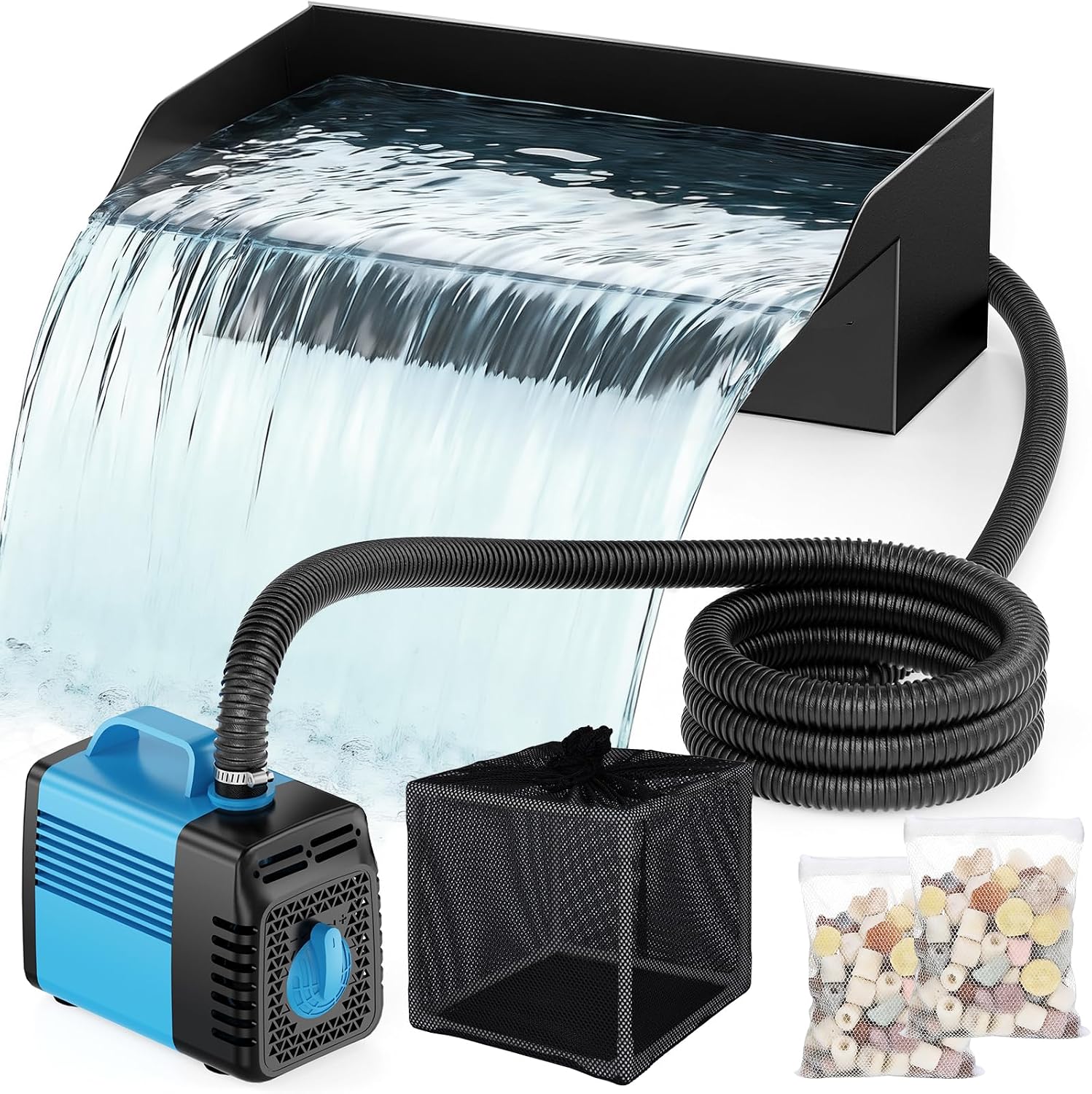 Pond Waterfall Spillway Kit, 30cm Pond Waterfall Filter with 2500L/h Waterfall Pump & Filter Cage, 3m Corrugated Tubing for Outdoor Garden Ponds, Backyard Water Features