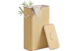 SONGMICS Laundry Basket with Lid, 60 L Bamboo Storage Basket, Rectangular Laundry Hamper with Handles, Collapsible, Removable Machine-Washable Liner, Natural Colour LCB076YZ01