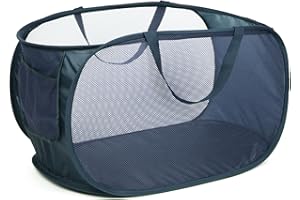 Diggoour Cesto portabiancheria pieghevole resistente, in rete, con pratica tasca, cesto per vestiti pieghevole con manici rinforzati per il trasporto, per lavanderia, bagno, camera dei bambini o