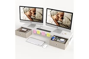 CAIYUN Supporto per monitor a doppio monitor con 2 cassetti, grande supporto per computer, organizzatore desktop in legno, perfetto per scrivania domestica, computer, laptop, TV