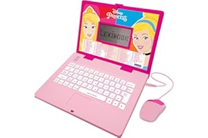 LEXIBOOK, Disney Princess, Educational and Bilingual Laptop Spanish/English, Girls Toy with 124 Activities to Learn, Play Games and Music, Pink, JC598DPi2