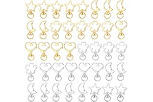 QINREN 40pcs Metal Star Keychain, Metal Swivel Lobster Clasp Snap Hook Pentagram Keyring Clip Metal Key Rings with Star, Flower, Heart and Moon Shape Keychain Clip DIY Key Chains Accessories