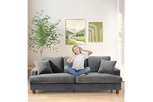 Kidirect 221CM Sofa, Bequemes Cord-Sofa Couch 53CM Extra Tiefe Sitze, Sofa Wohnzimmer Werkzeugfreie Montage, Big Sofa 3 Sitzer mit 2 Kissen, Modernes Couch fürs Büro/Schlafzimmer (Grau)