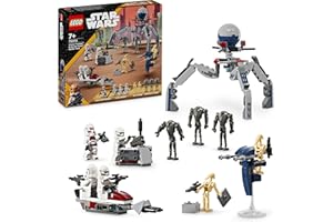 LEGO 75372 Star Wars Pack de Combat des Clone Troopers et Droïdes de Combat, Jouet pour Enfants, avec Speeder Bike, Figurine Tri-Droïde et Poste Défensif, Cadeau pour Garçons et Filles Dès 7 Ans