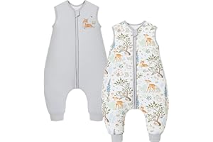Chilsuessy Toddler Sleeping Bag with Feet 2pcs 2.5 Tog Baby Sleeping Sack with Legs Pyjamas Infant Walking Cotton Wearable Blankets, 2.5 Tog/Grey + Plum Deer, 90cm/3-4 Years